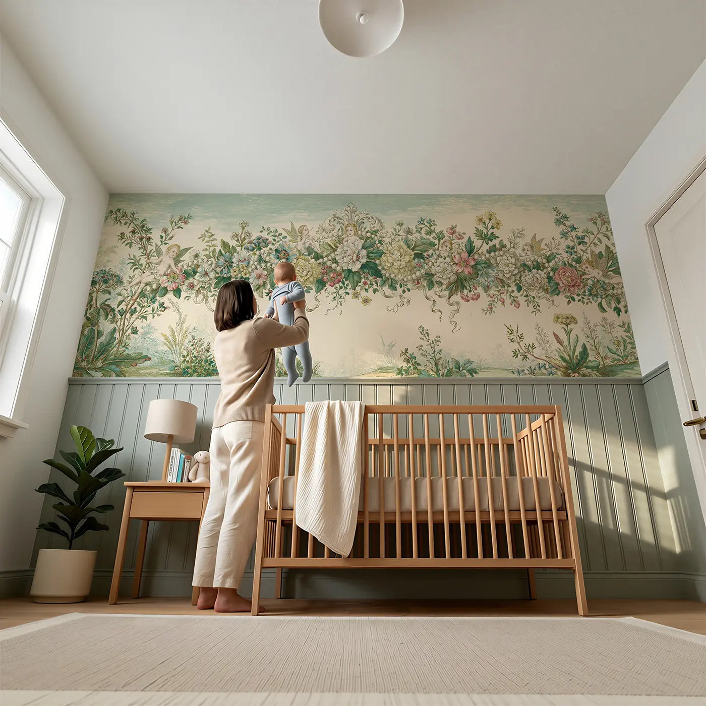 Child reading near Fairy Crown Floral Toile Wainscoting Wallpaper by Whimsy Tots