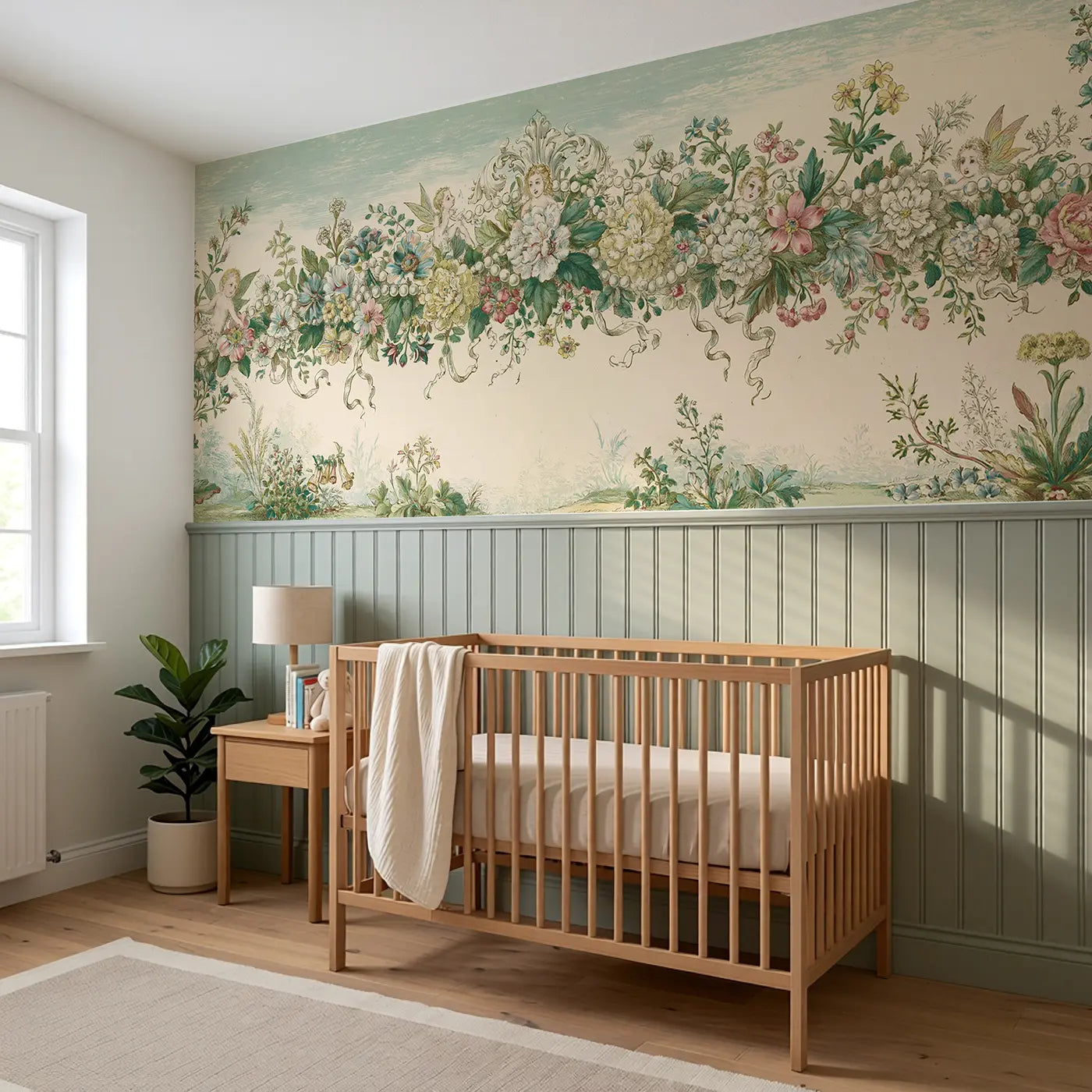 Fairy Crown Floral Toile Wainscoting Wallpaper styled in a kids bedroom by Whimsy Tots