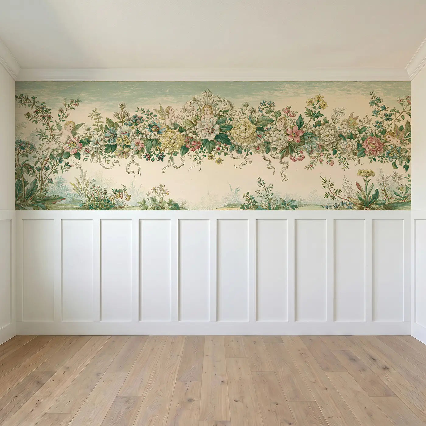 Full panel view of Fairy Crown Floral Toile Wainscoting Wallpaper by Whimsy Tots