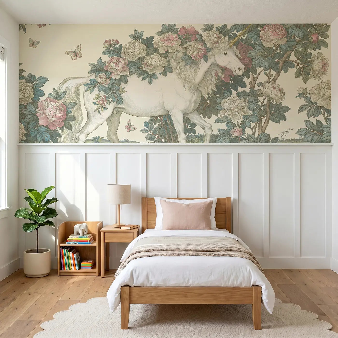 Botanical Elegance unicorn peony branch toile wainscoting wallpaper for nursery by Whimsy Tots