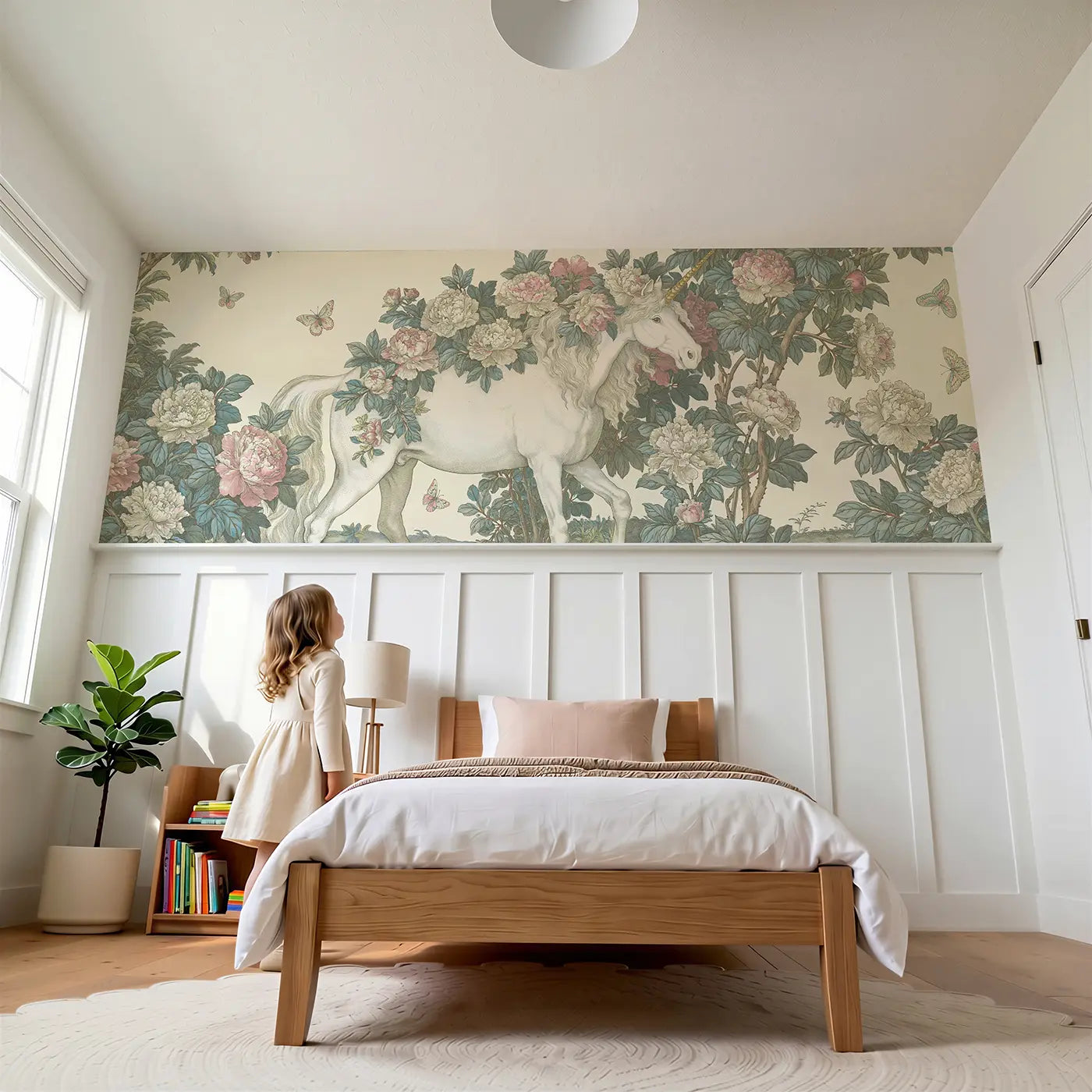 Child reading near Unicorn Peony Branch Toile Wainscoting Wallpaper by Whimsy Tots