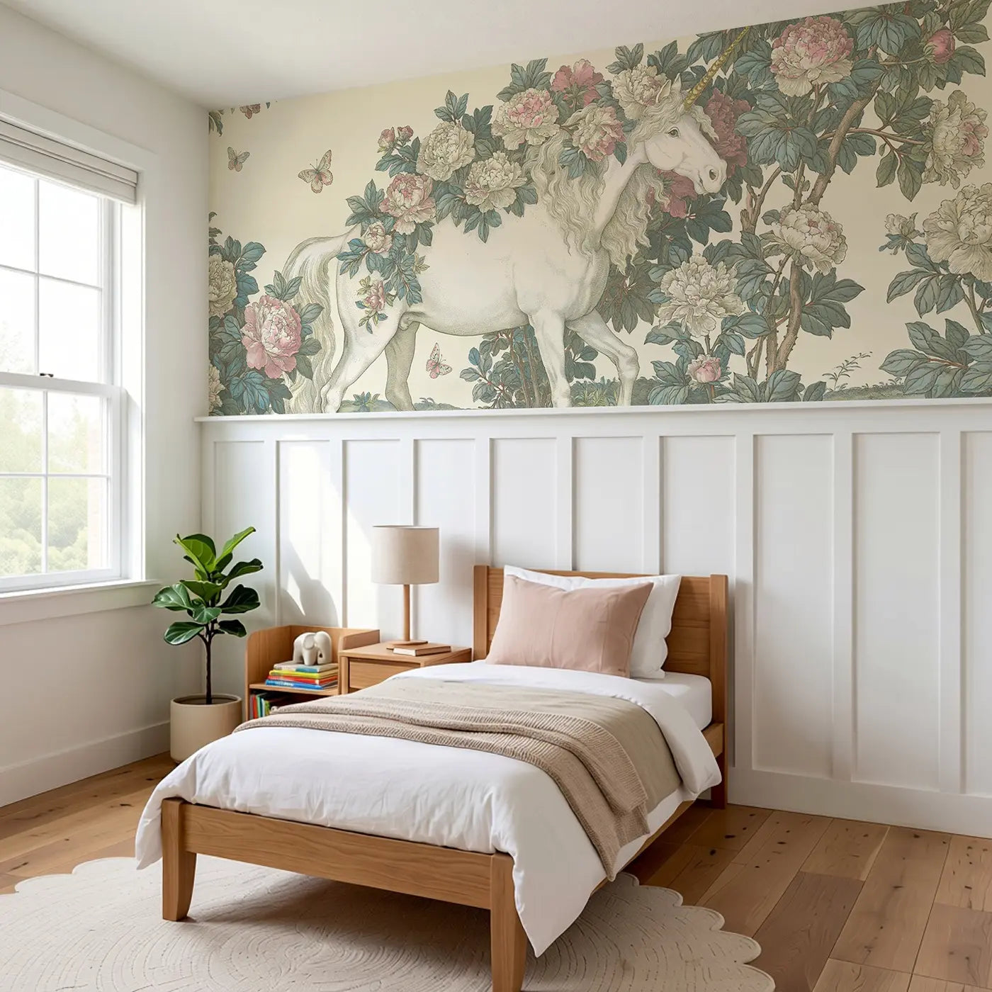Unicorn Peony Branch Toile Wainscoting Wallpaper styled in a kids bedroom by Whimsy Tots
