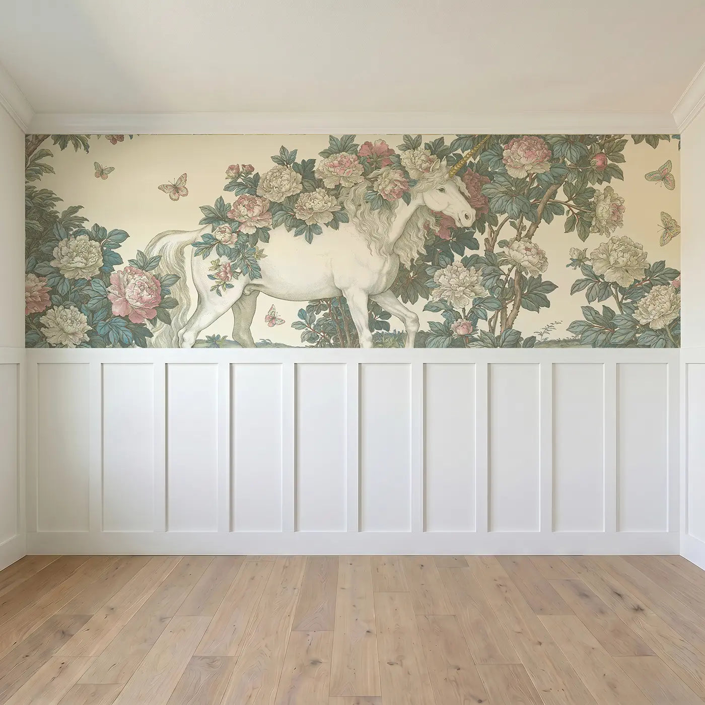 Full panel view of Unicorn Peony Branch Toile Wainscoting Wallpaper by Whimsy Tots