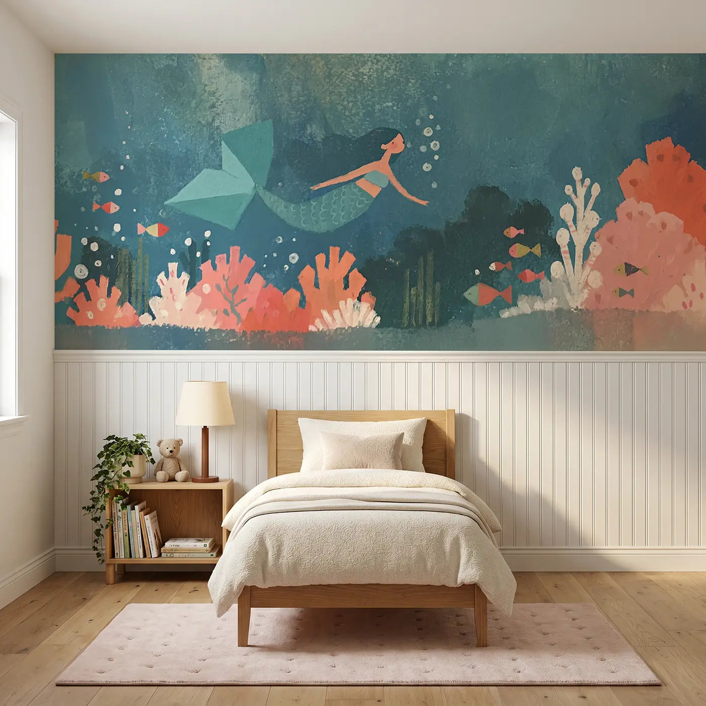 Modern Illustration flat mermaid coral reef wainscoting wallpaper for nursery by Whimsy Tots