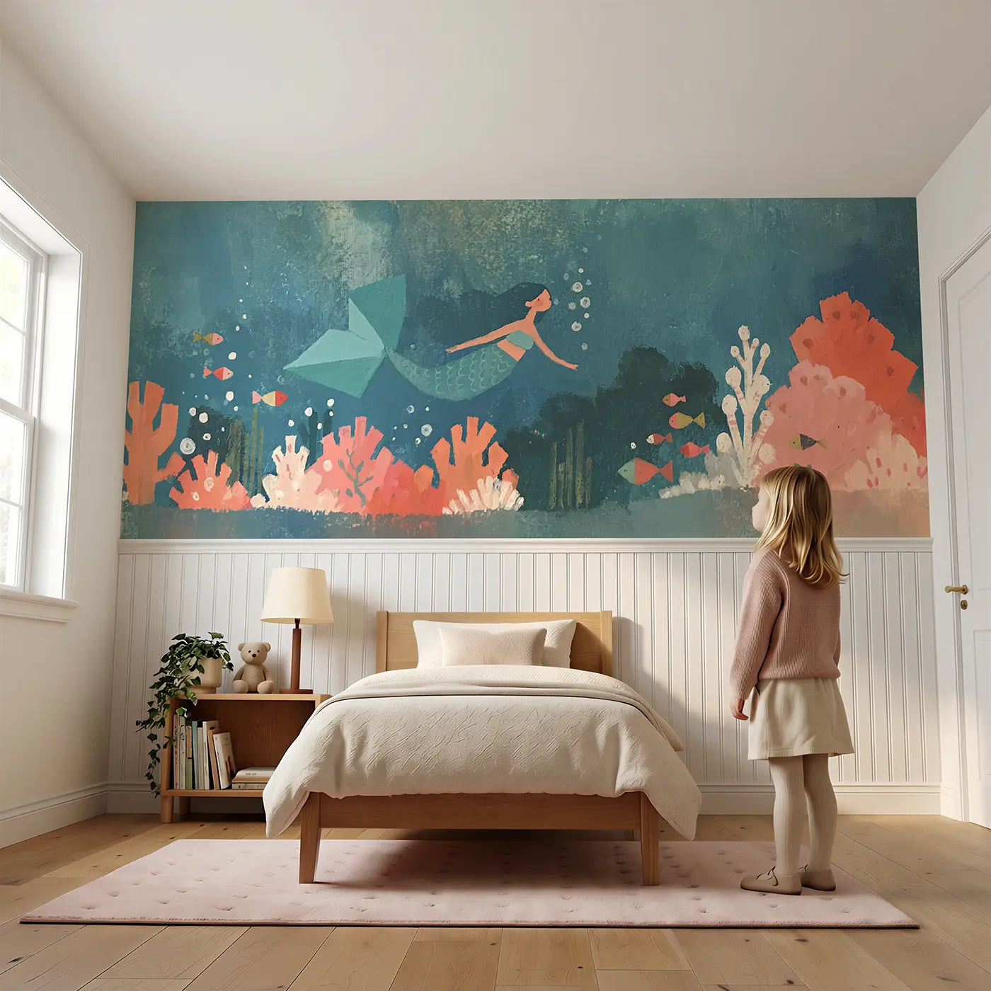 Child reading near Flat Mermaid Coral Reef Wainscoting Wallpaper by Whimsy Tots