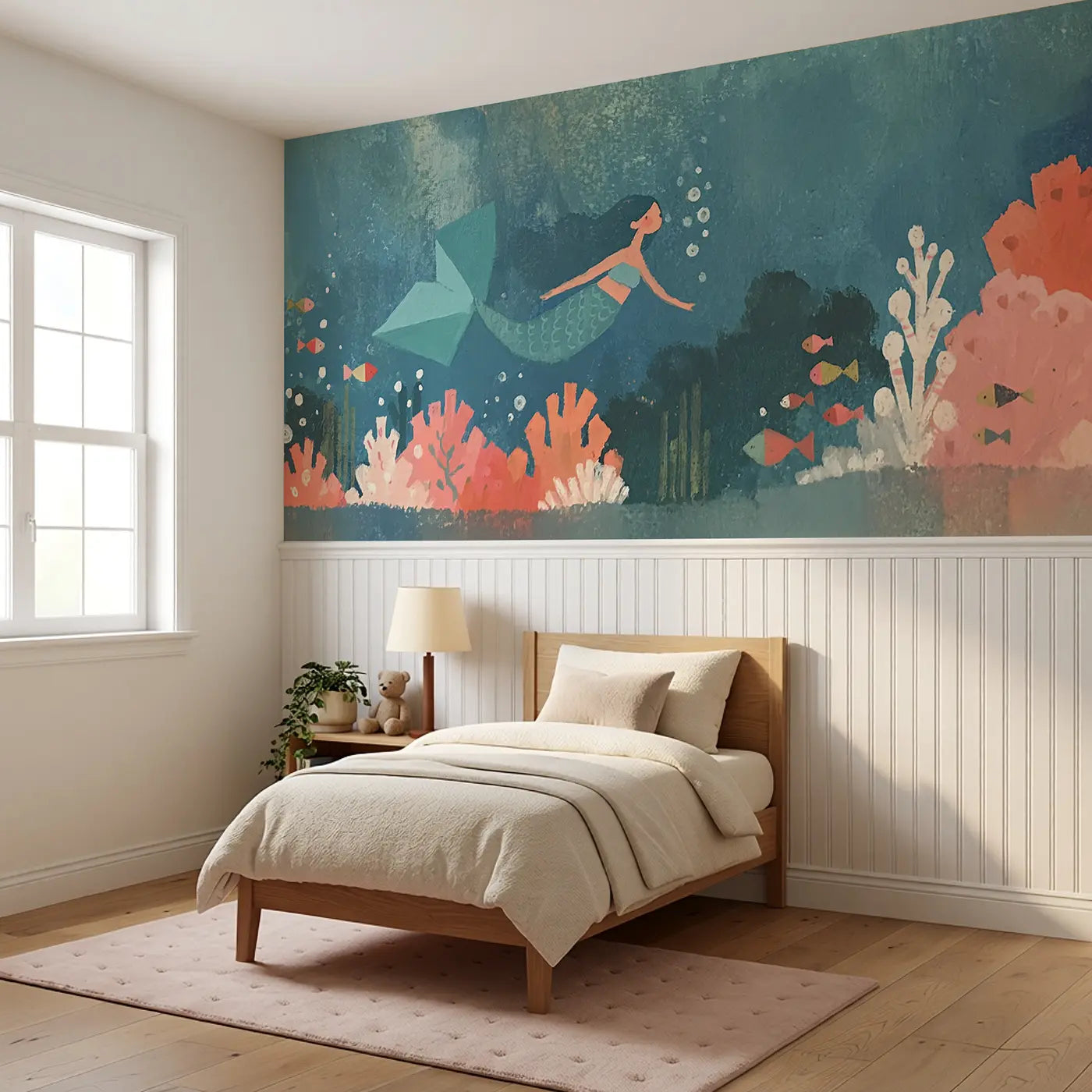Flat Mermaid Coral Reef Wainscoting Wallpaper styled in a kids bedroom by Whimsy Tots