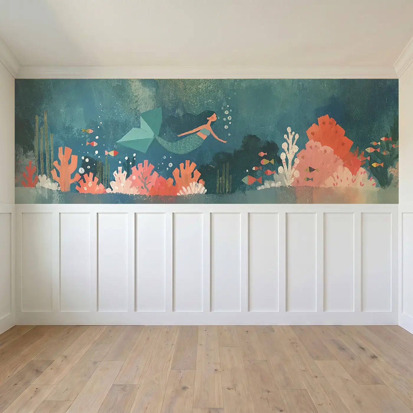 Full panel view of Flat Mermaid Coral Reef Wainscoting Wallpaper by Whimsy Tots