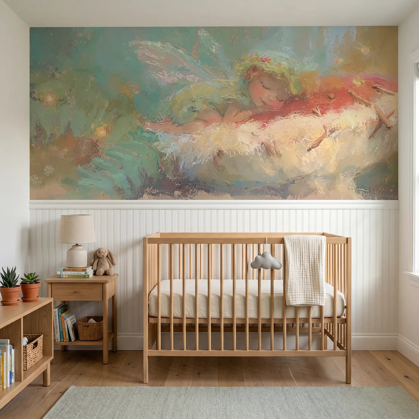 Soft Pastel chalk fairy forest sleep wainscoting wallpaper for nursery by Whimsy Tots