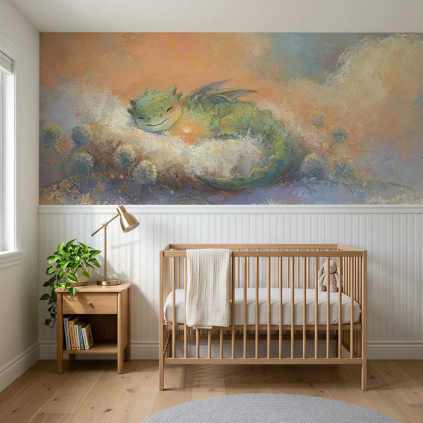 Soft Pastel dragon baby wainscoting wallpaper for nursery by Whimsy Tots