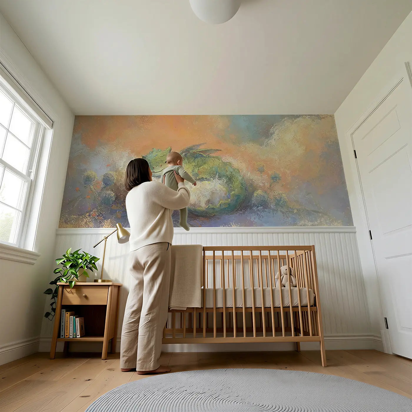 Child reading near Pastel Dragon Baby Soft Wainscoting Wallpaper by Whimsy Tots