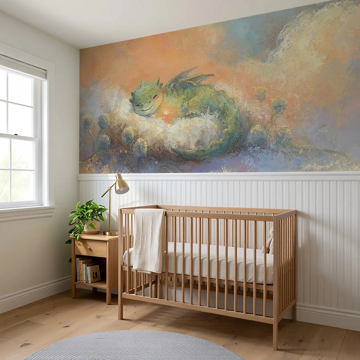 Pastel Dragon Baby Soft Wainscoting Wallpaper styled in a kids bedroom by Whimsy Tots