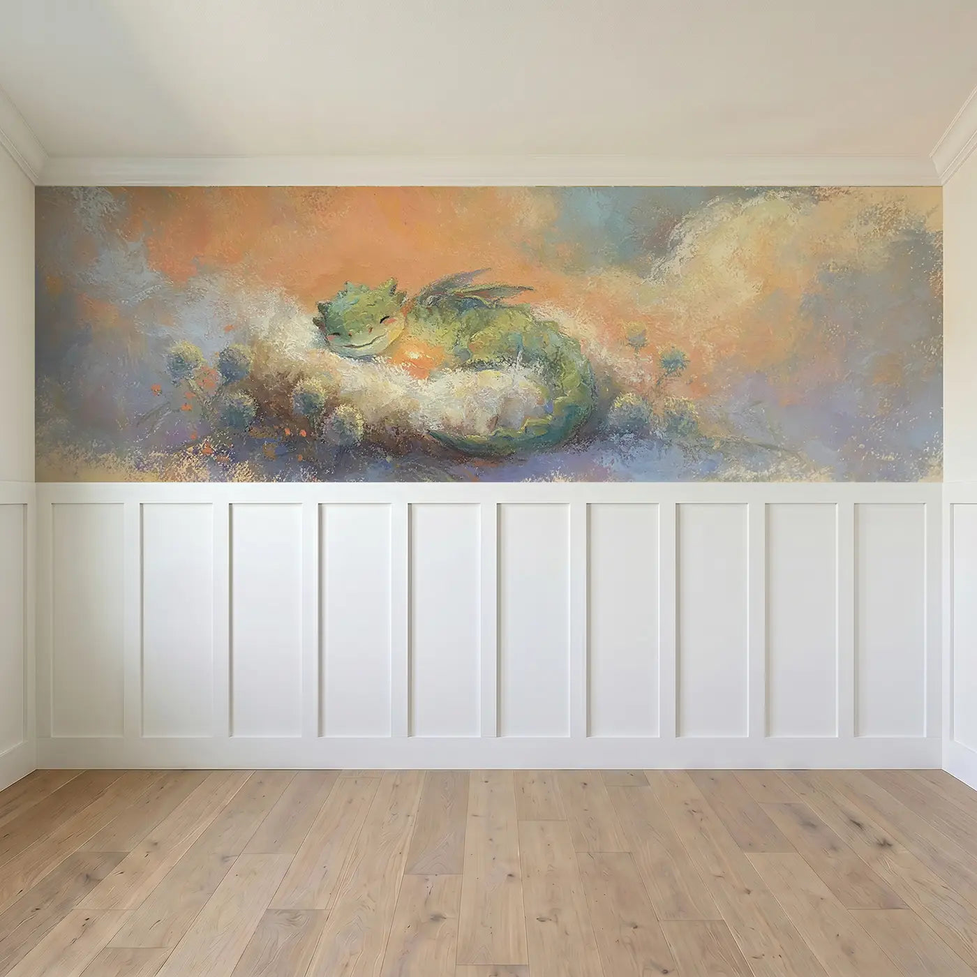 Full panel view of Pastel Dragon Baby Soft Wainscoting Wallpaper by Whimsy Tots