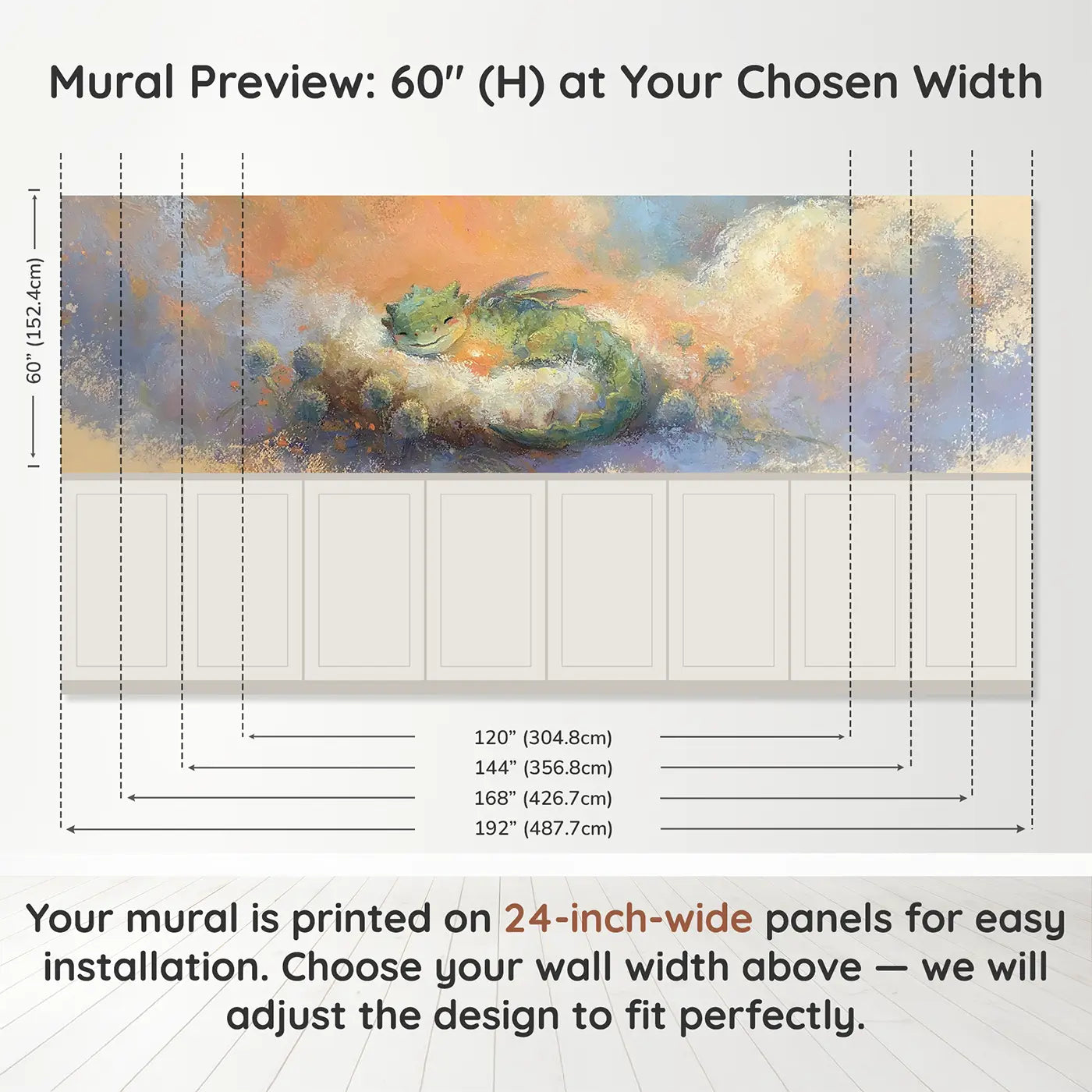 Panel dimensions for Pastel Dragon Baby Soft Wainscoting Wallpaper by Whimsy Tots