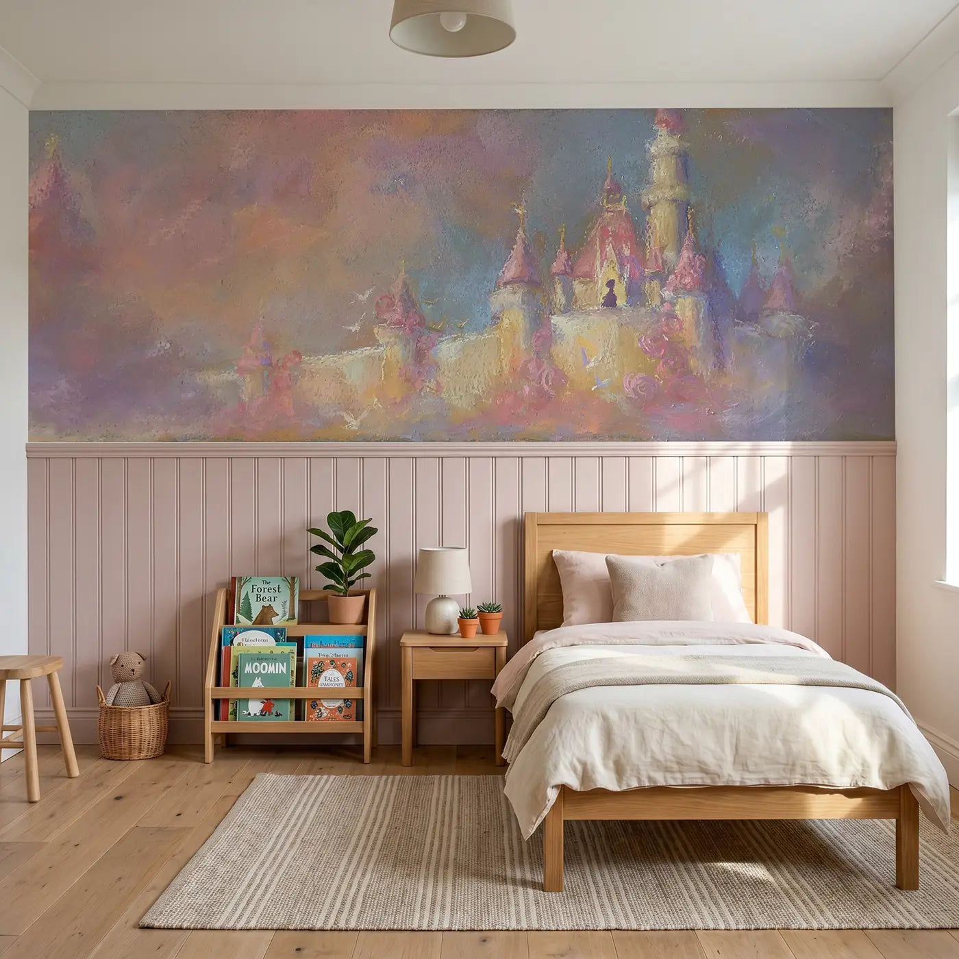 Soft Pastel chalk castle princess wainscoting wallpaper for nursery by Whimsy Tots