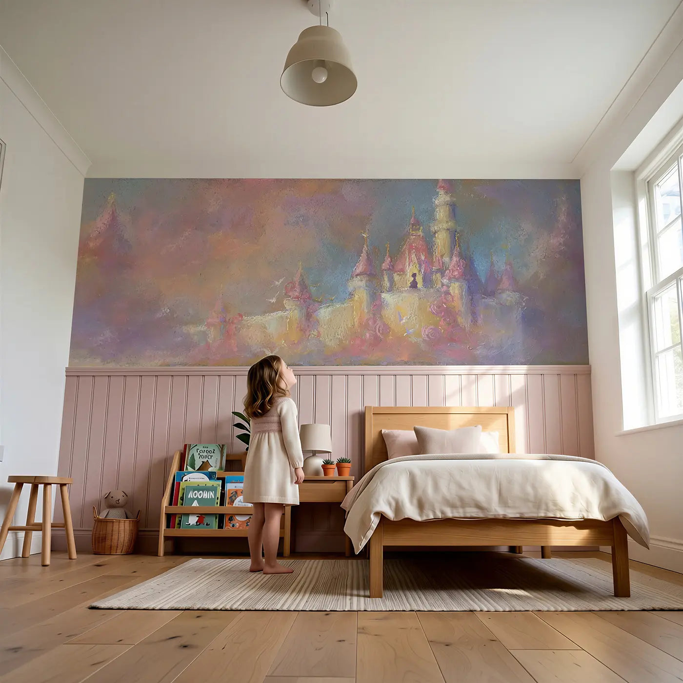 Child reading near Chalk Castle Princess Soft Wainscoting Wallpaper by Whimsy Tots
