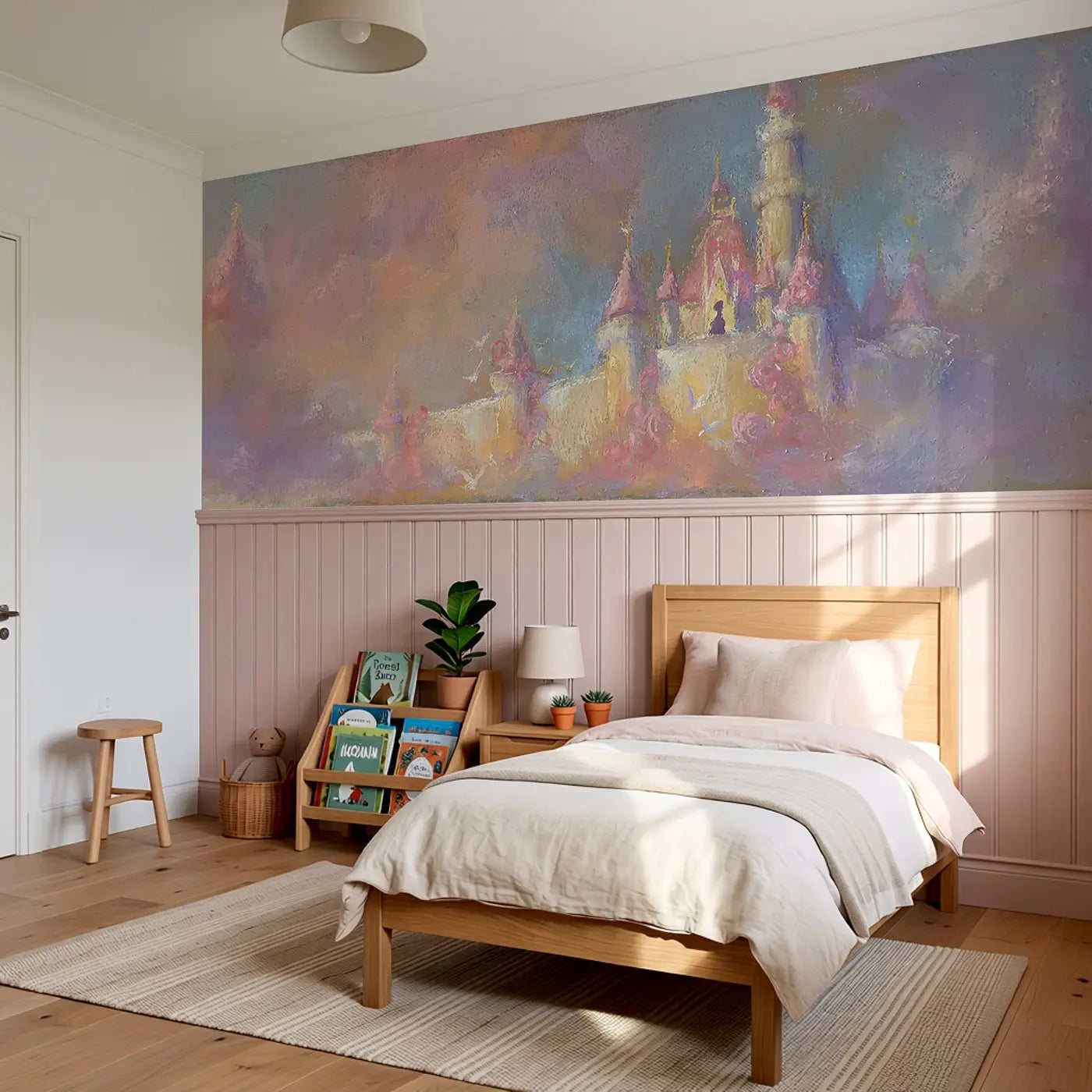 Chalk Castle Princess Soft Wainscoting Wallpaper styled in a kids bedroom by Whimsy Tots