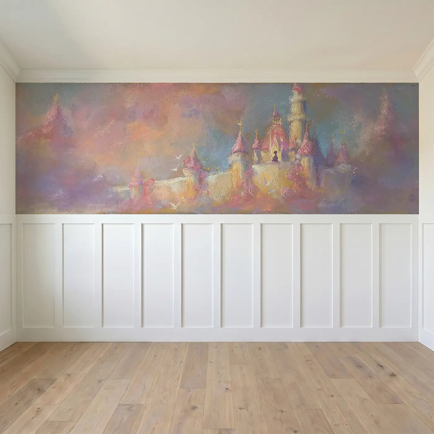 Full panel view of Chalk Castle Princess Soft Wainscoting Wallpaper by Whimsy Tots