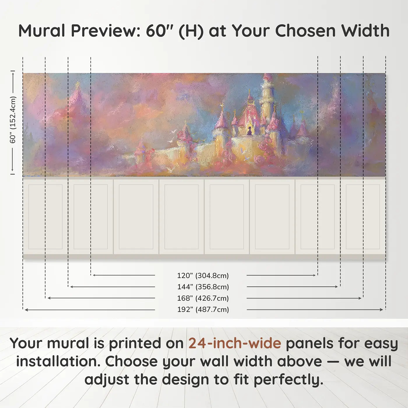 Panel dimensions for Chalk Castle Princess Soft Wainscoting Wallpaper by Whimsy Tots