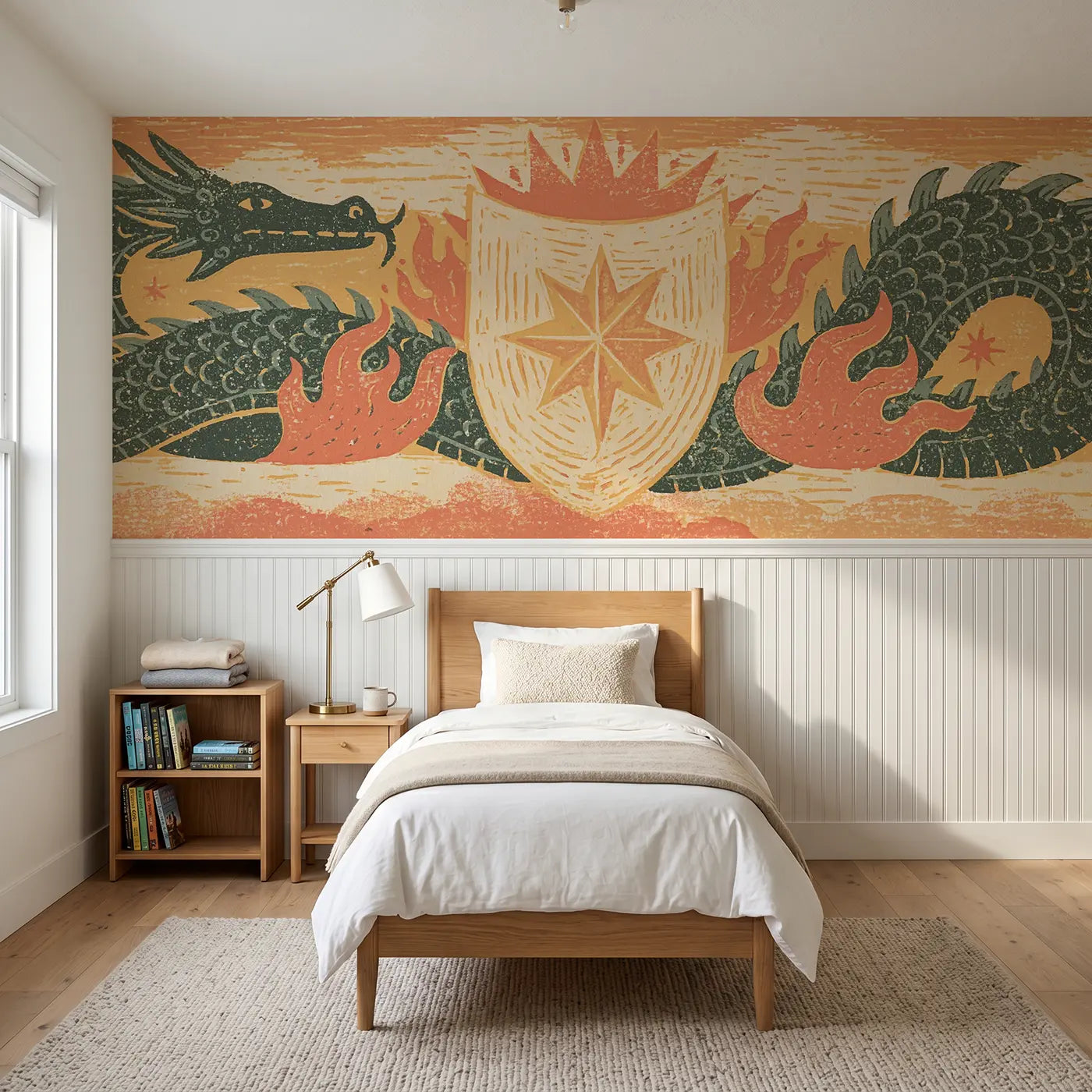 Block Print carved dragon shield folk wainscoting wallpaper for bedroom by Whimsy Tots
