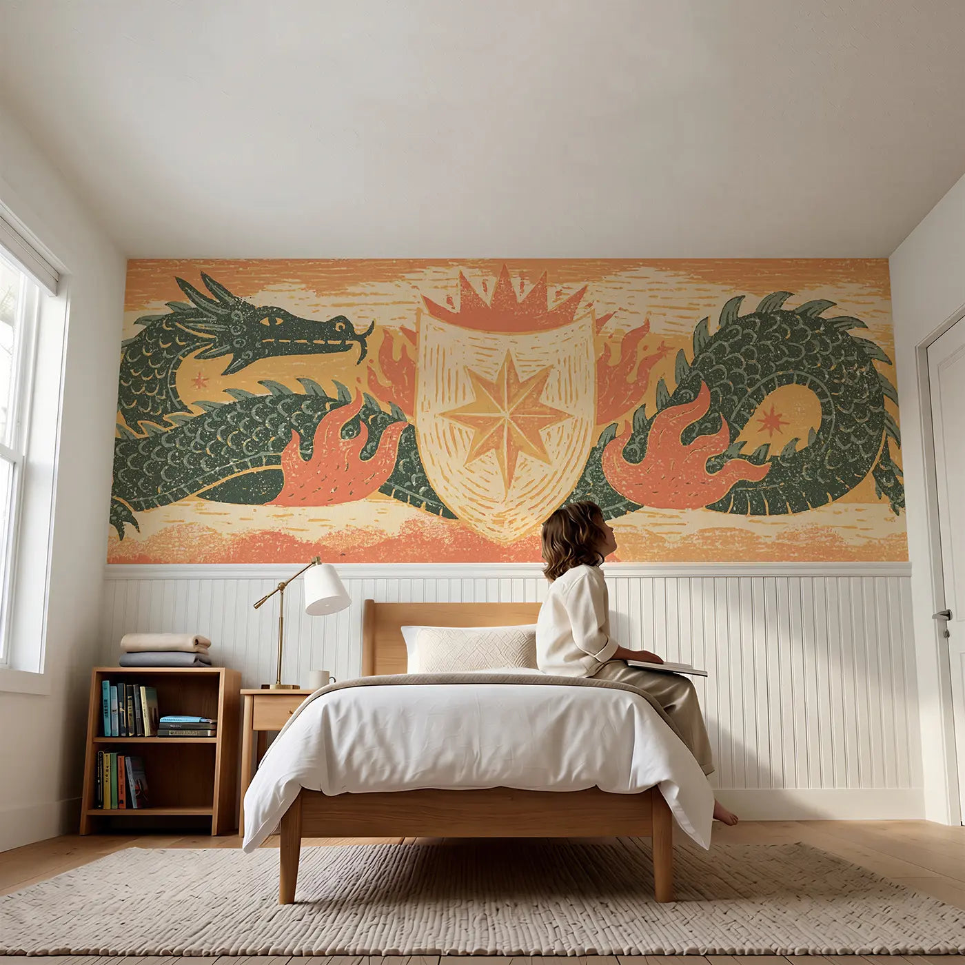 Child reading near Carved Dragon Shield Folk Wainscoting Wallpaper by Whimsy Tots