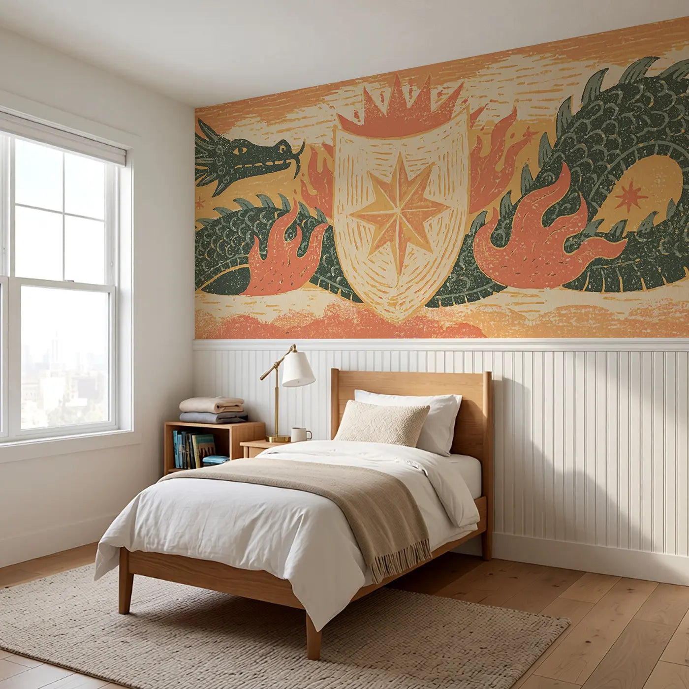 Carved Dragon Shield Folk Wainscoting Wallpaper styled in a kids bedroom by Whimsy Tots