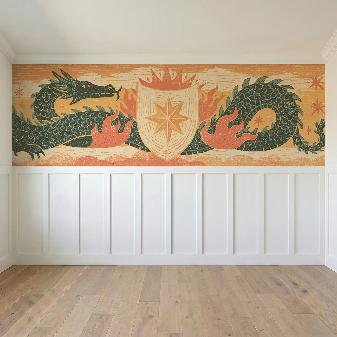 Full panel view of Carved Dragon Shield Folk Wainscoting Wallpaper by Whimsy Tots
