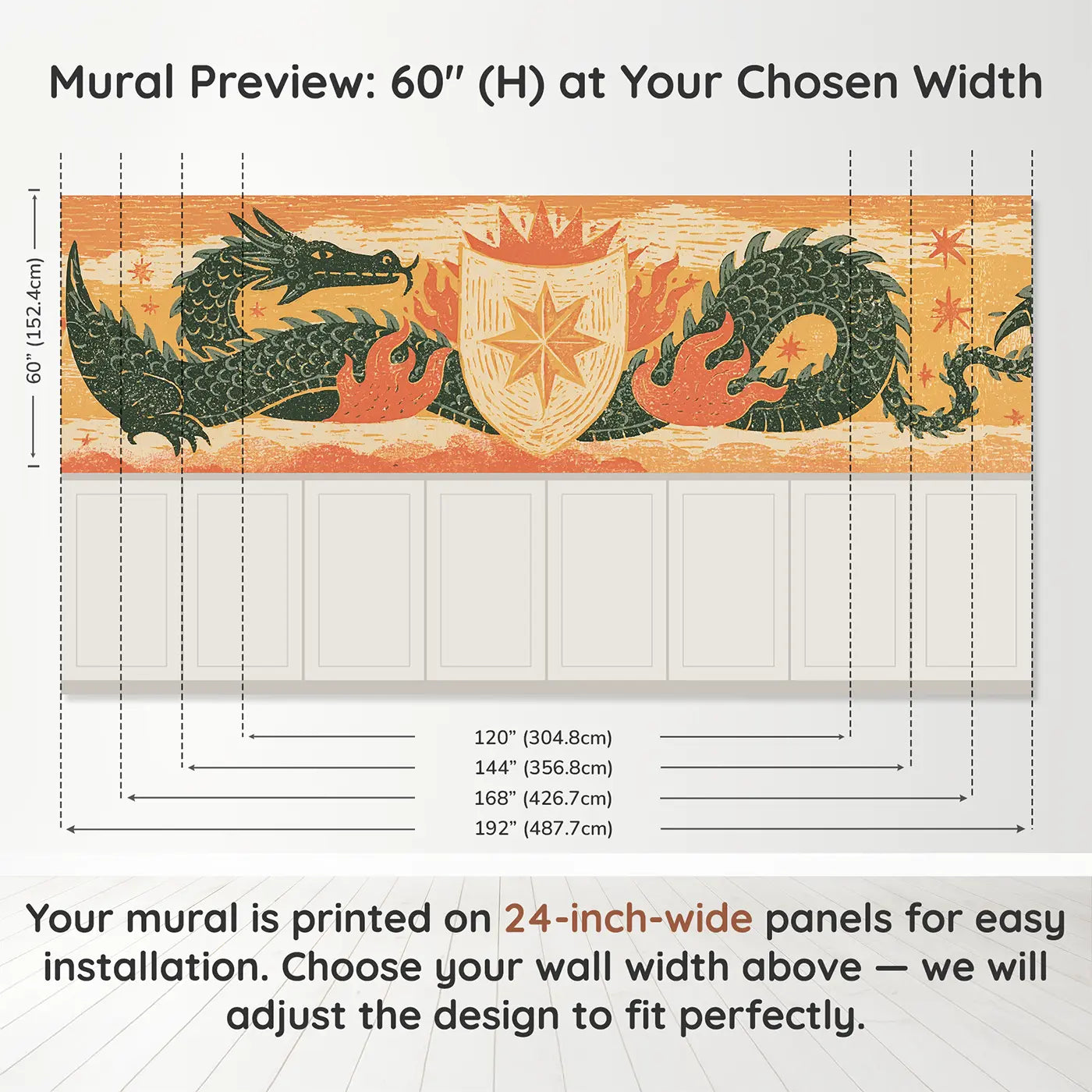 Panel dimensions for Carved Dragon Shield Folk Wainscoting Wallpaper by Whimsy Tots