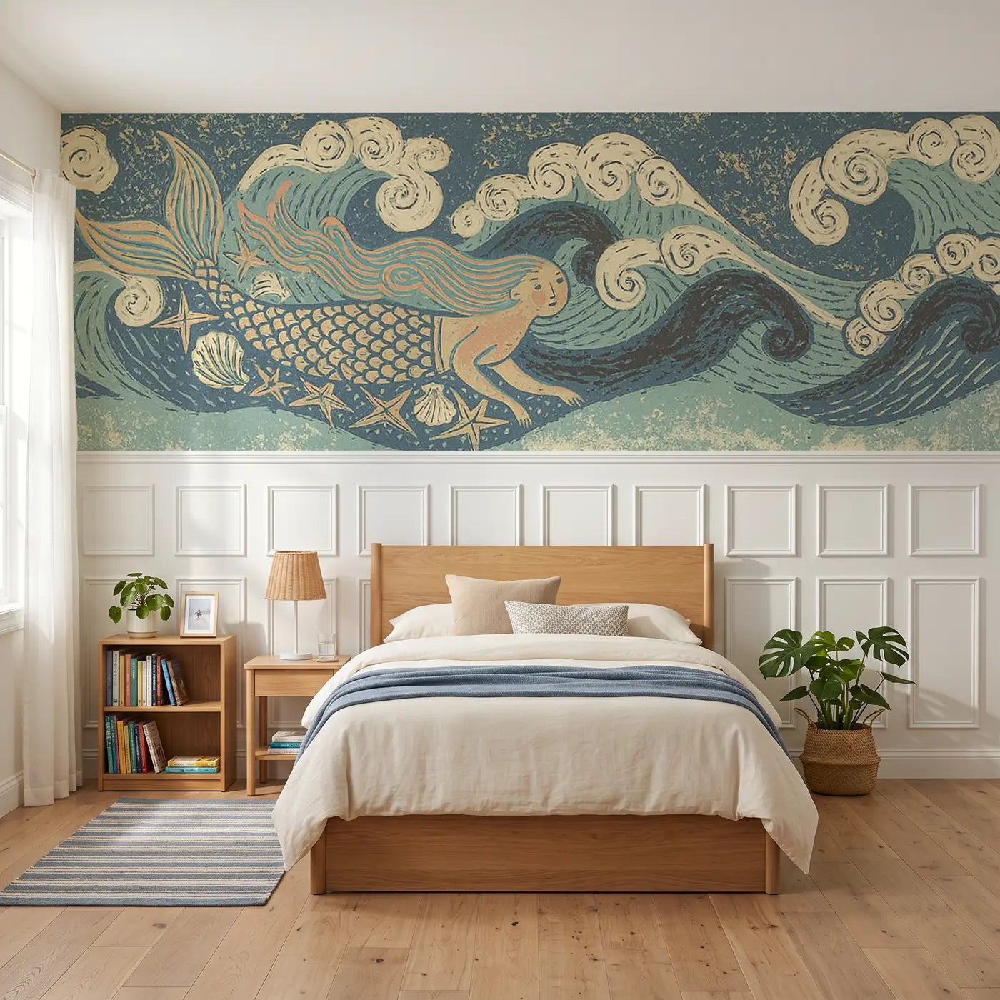Block Print mermaid scale wainscoting wallpaper for bedroom by Whimsy Tots