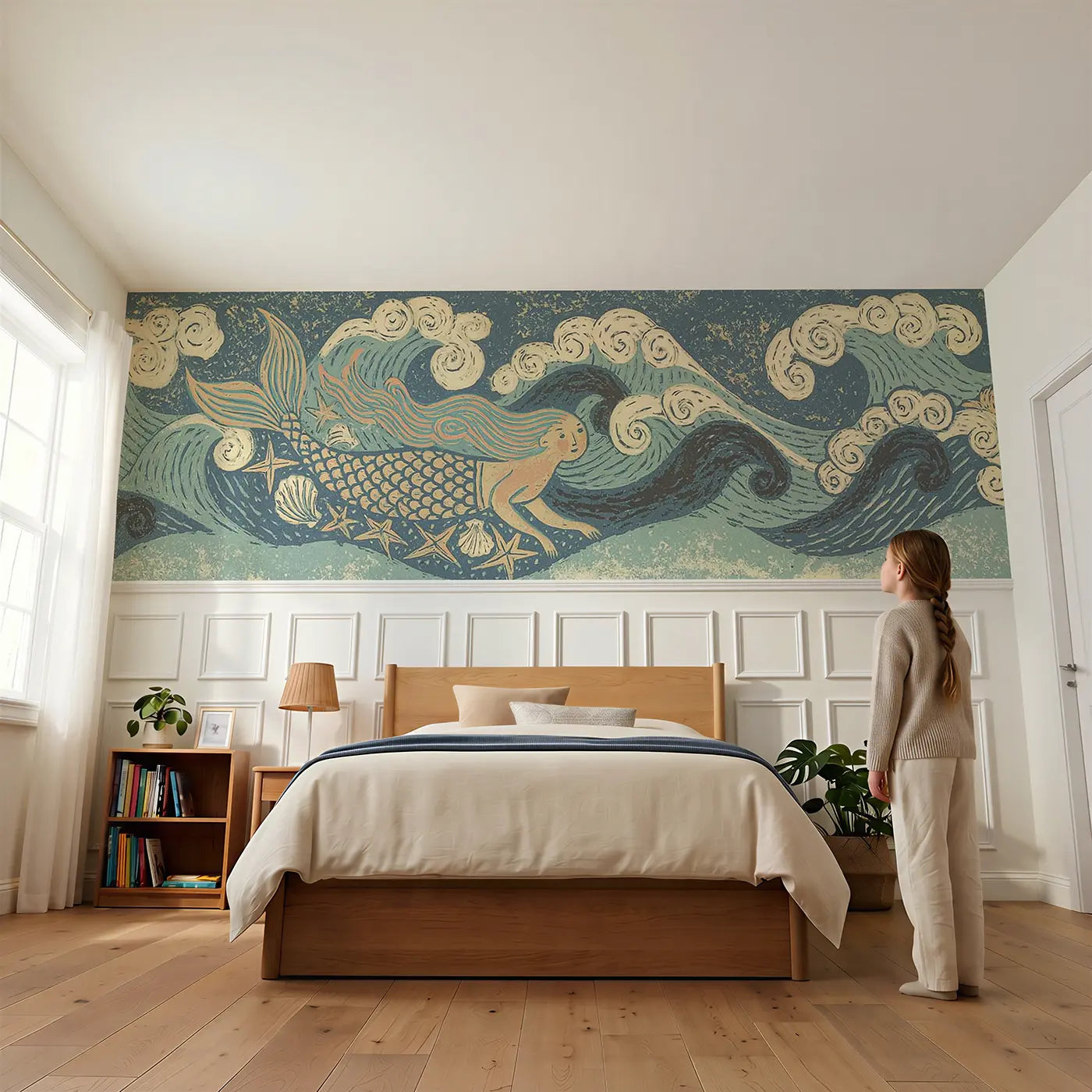 Child reading near Block Print Mermaid Scale Wainscoting Wallpaper by Whimsy Tots