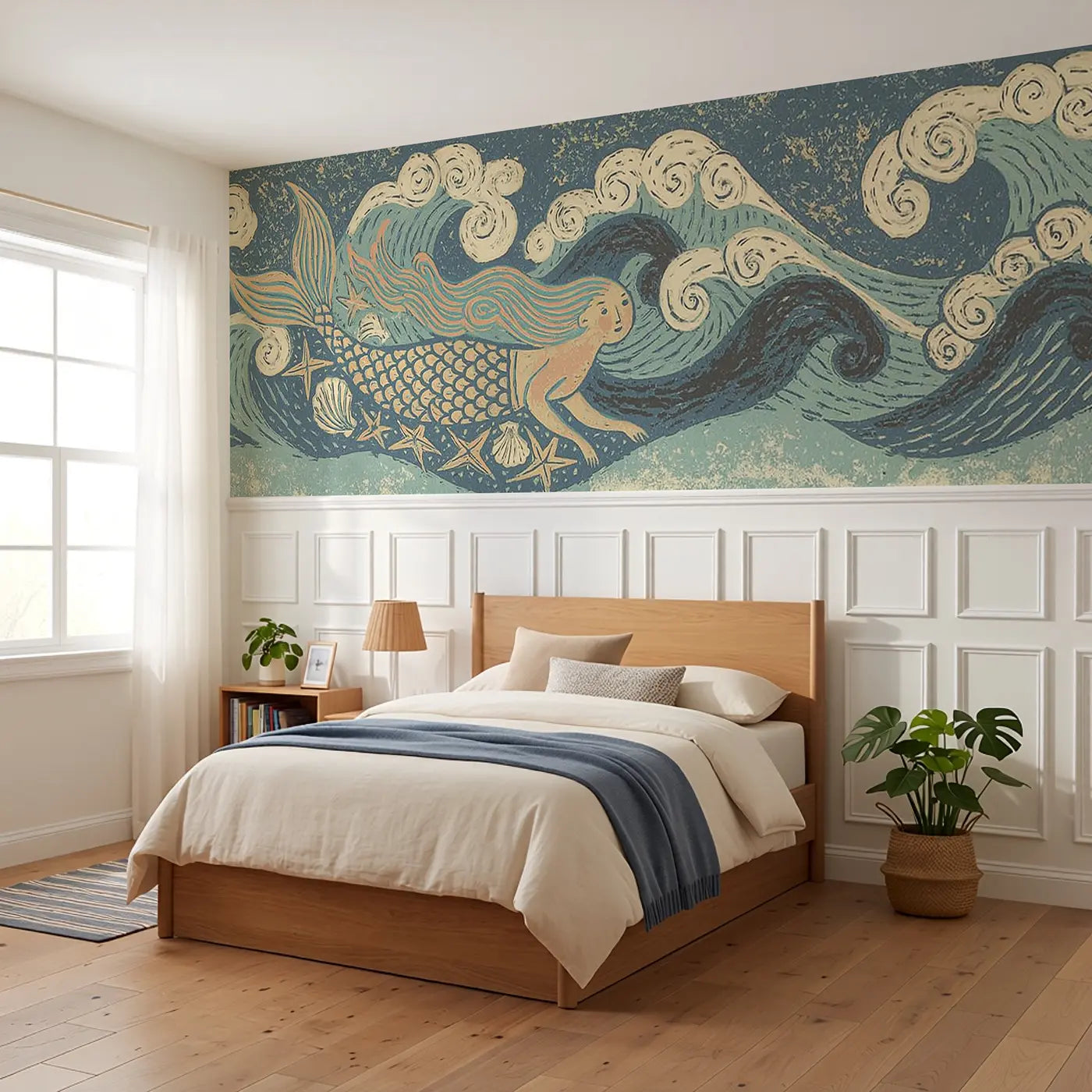 Block Print Mermaid Scale Wainscoting Wallpaper styled in a kids bedroom by Whimsy Tots