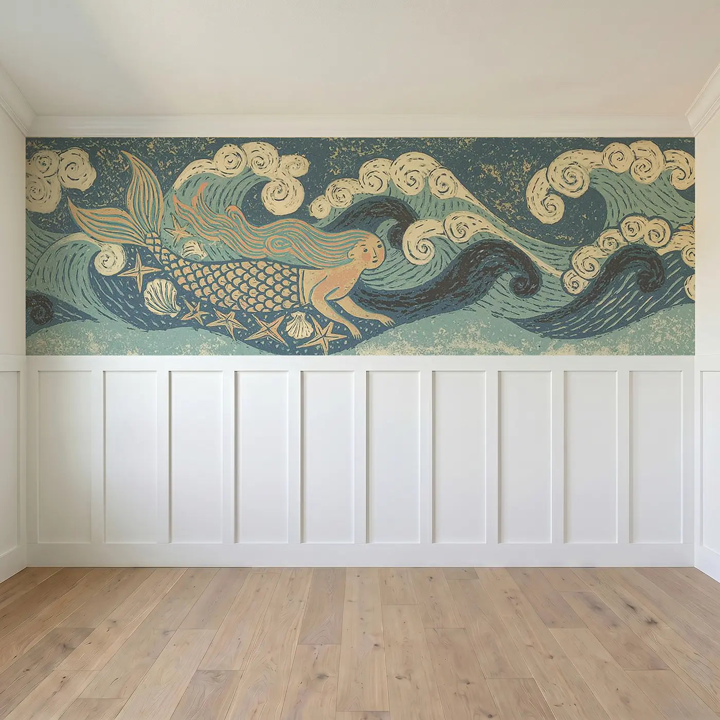 Full panel view of Block Print Mermaid Scale Wainscoting Wallpaper by Whimsy Tots