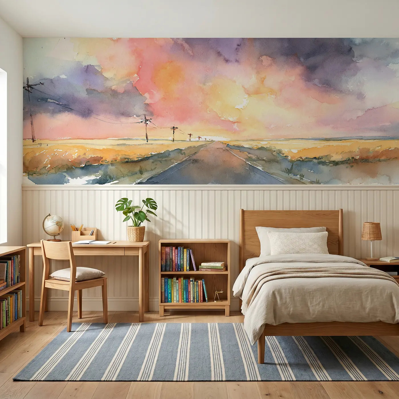 Watercolor sunset road journey sky wainscoting wallpaper for bedroom by Whimsy Tots