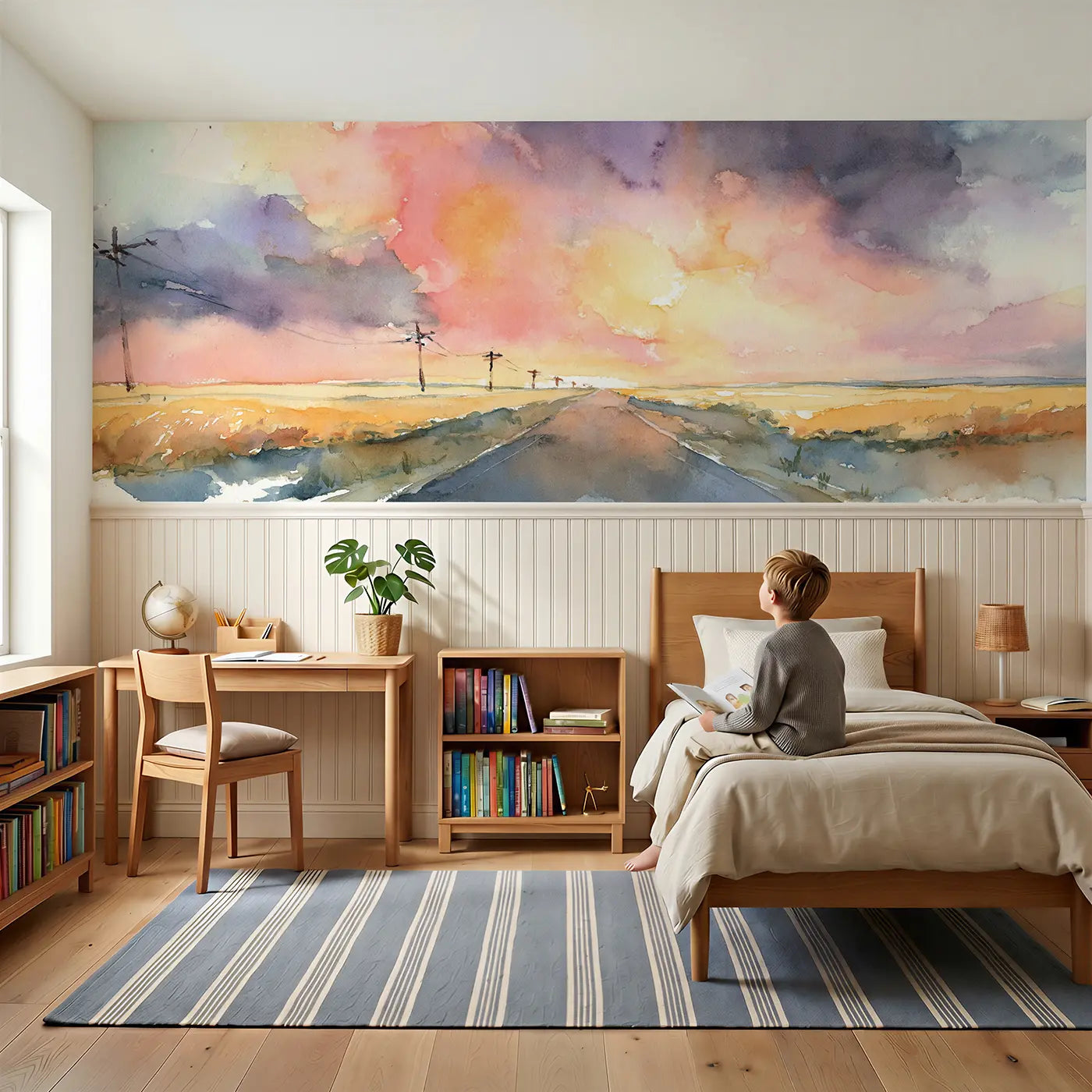 Child reading near Sunset Road Journey Sky Wainscoting Wallpaper by Whimsy Tots