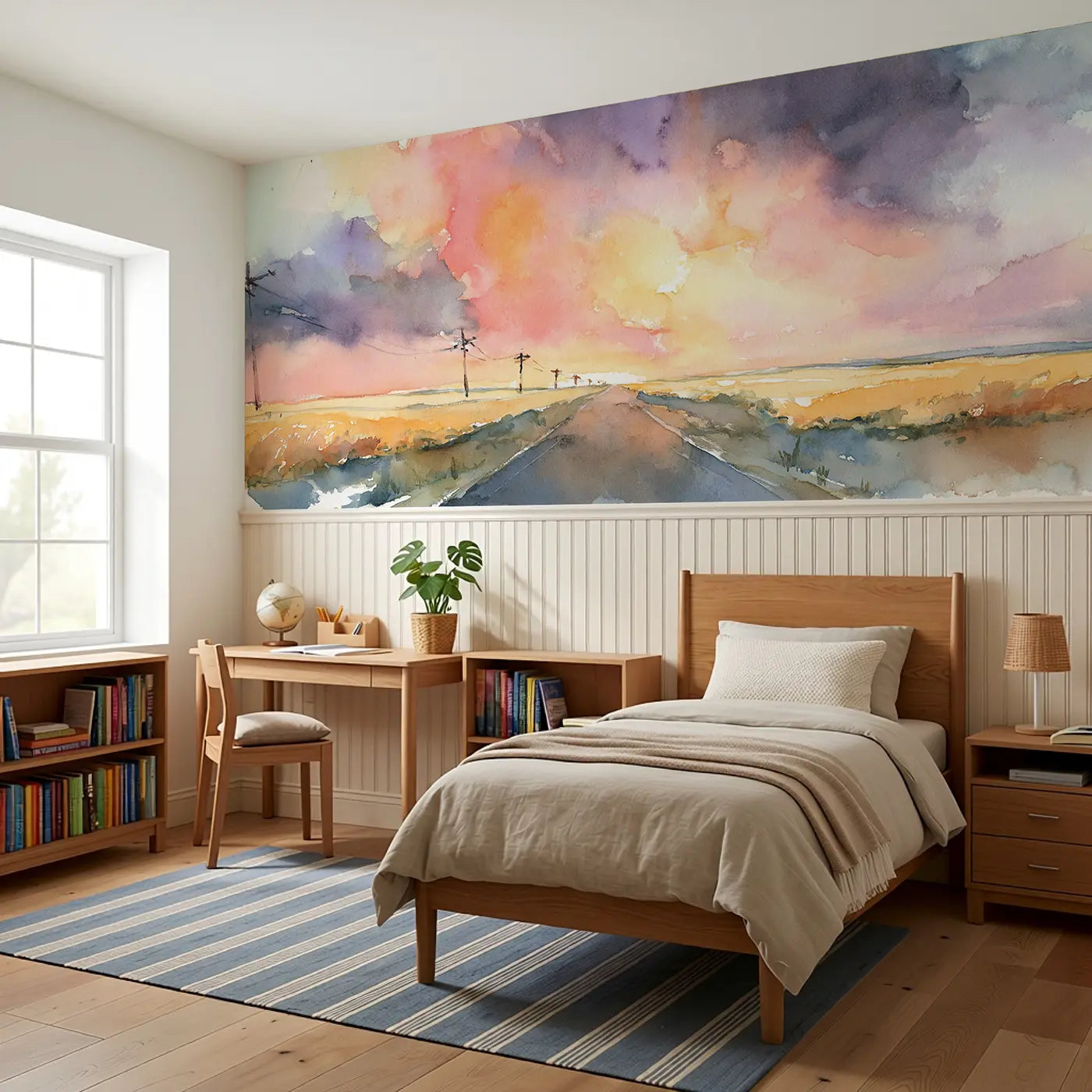 Sunset Road Journey Sky Wainscoting Wallpaper styled in a kids bedroom by Whimsy Tots