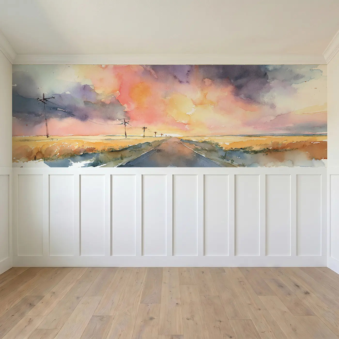 Full panel view of Sunset Road Journey Sky Wainscoting Wallpaper by Whimsy Tots