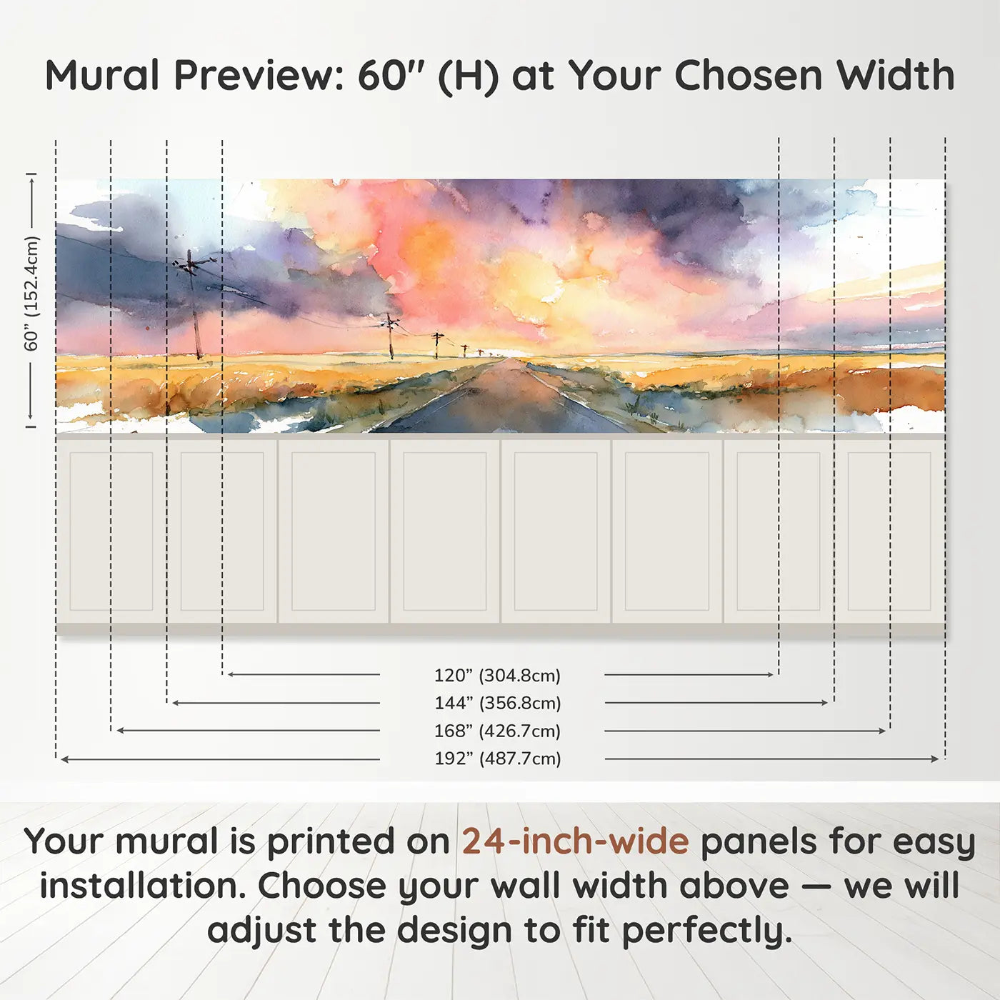Panel dimensions for Sunset Road Journey Sky Wainscoting Wallpaper by Whimsy Tots