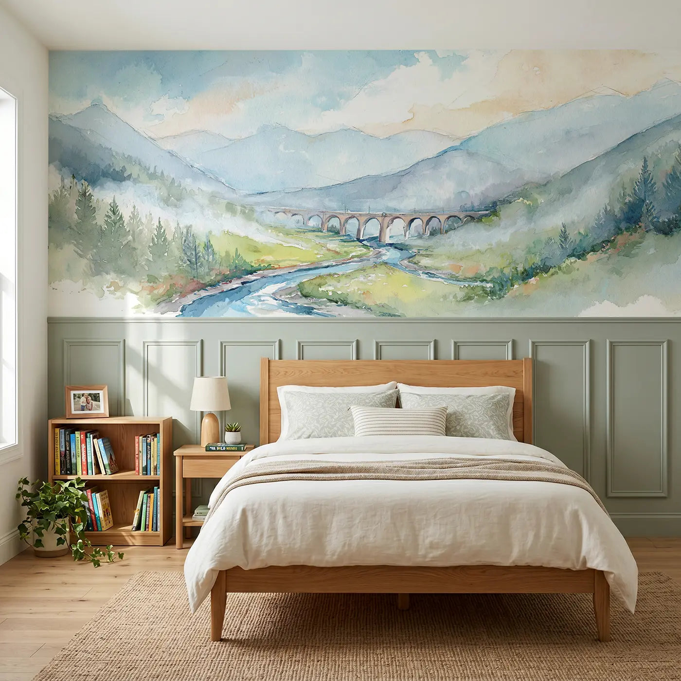 Watercolor railway bridge valley view wainscoting wallpaper for bedroom by Whimsy Tots