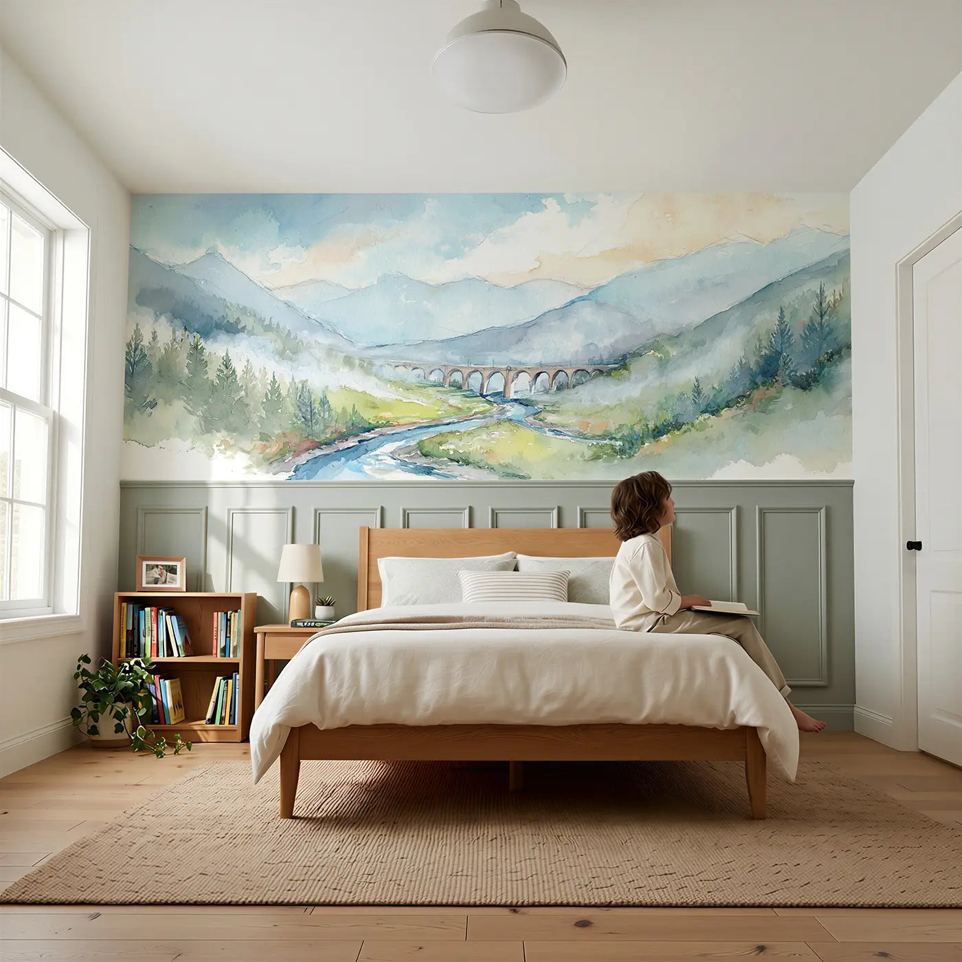 Child reading near Railway Bridge Valley View Wainscoting Wallpaper by Whimsy Tots
