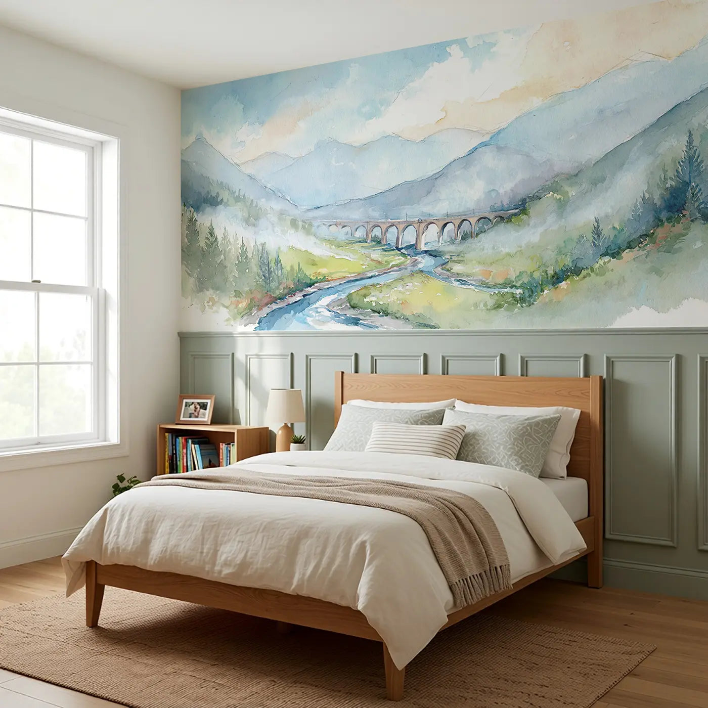 Railway Bridge Valley View Wainscoting Wallpaper styled in a kids bedroom by Whimsy Tots