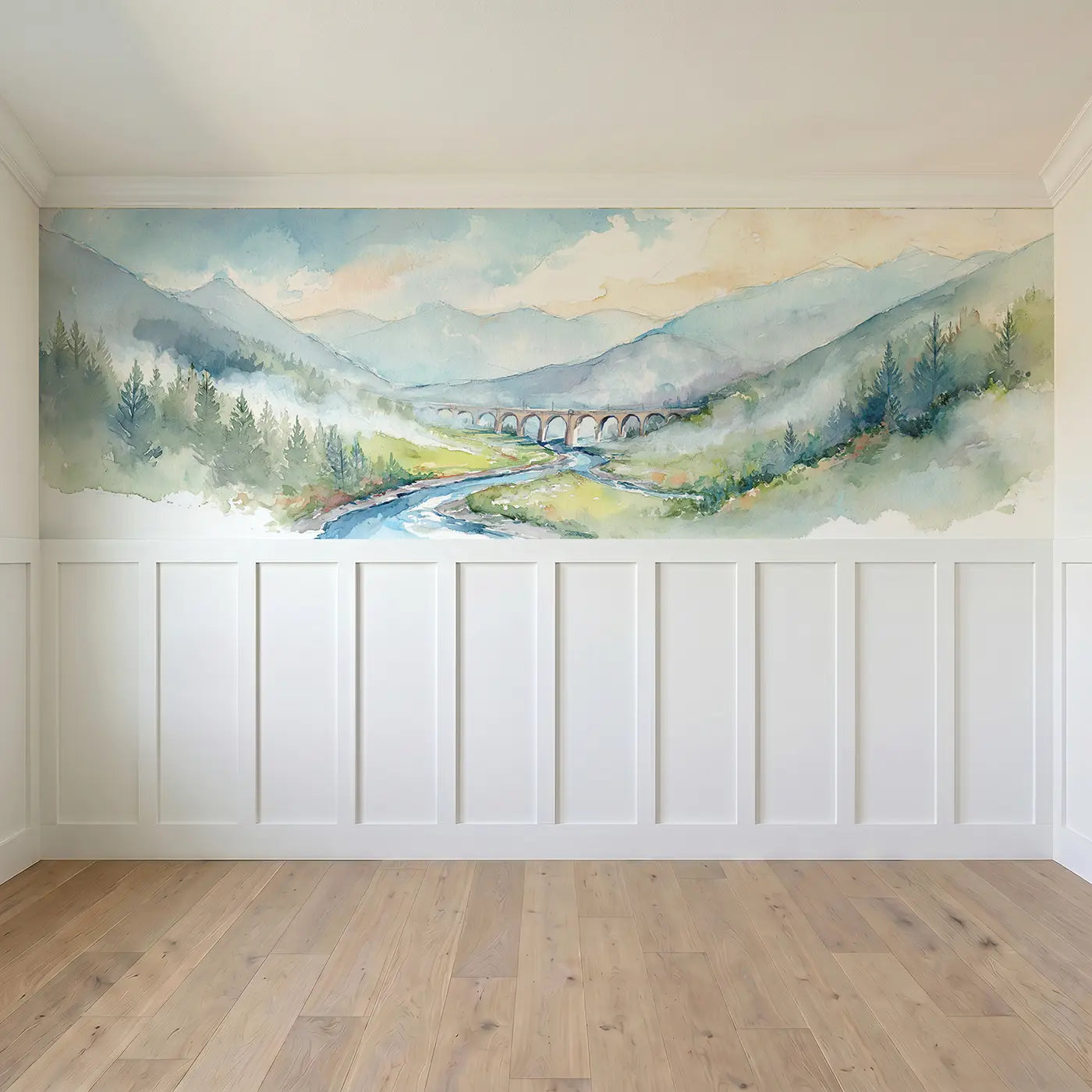 Full panel view of Railway Bridge Valley View Wainscoting Wallpaper by Whimsy Tots