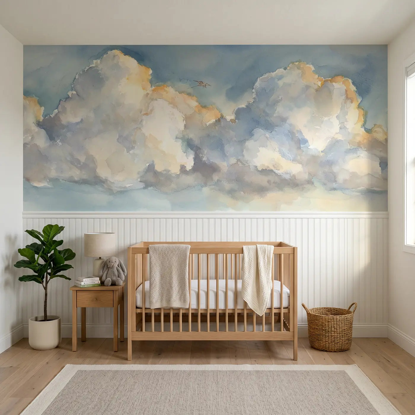 Watercolor cloud formation flight sky wainscoting wallpaper for nursery by Whimsy Tots