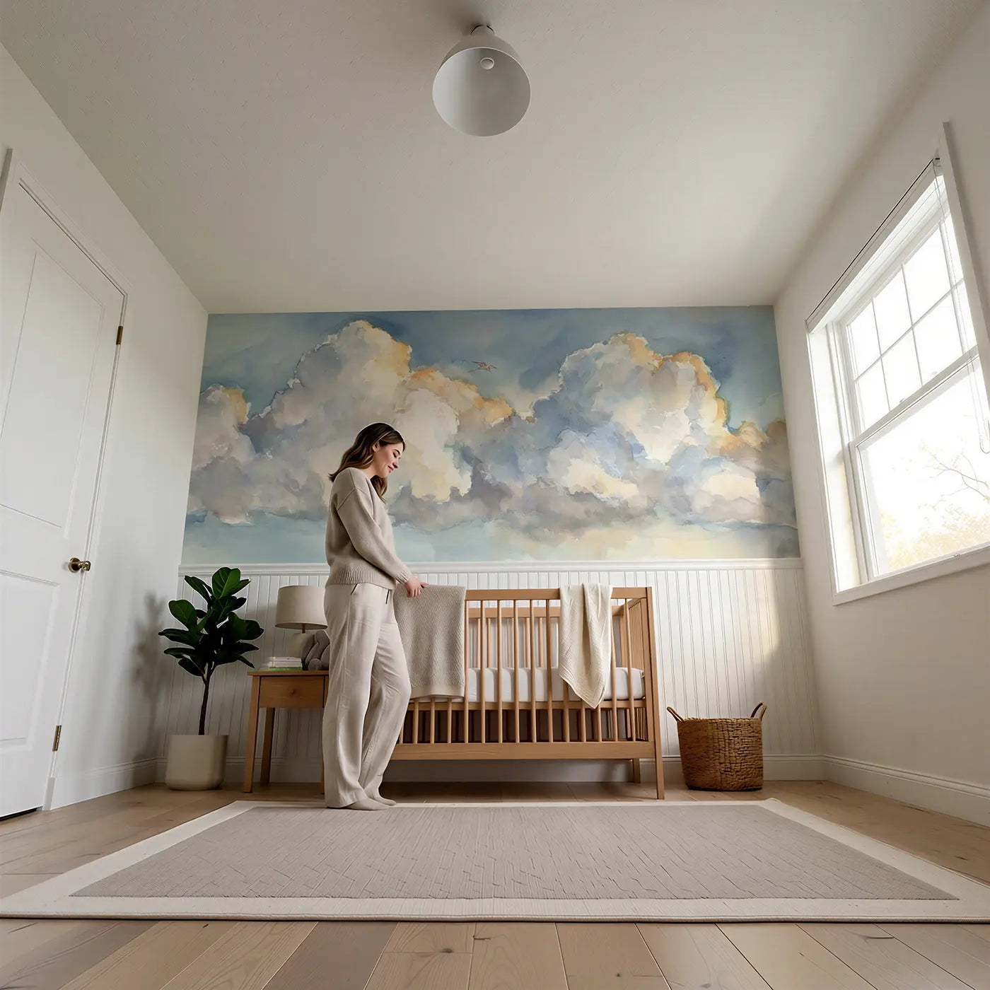 Child reading near Cloud Formation Flight Sky Wainscoting Wallpaper by Whimsy Tots