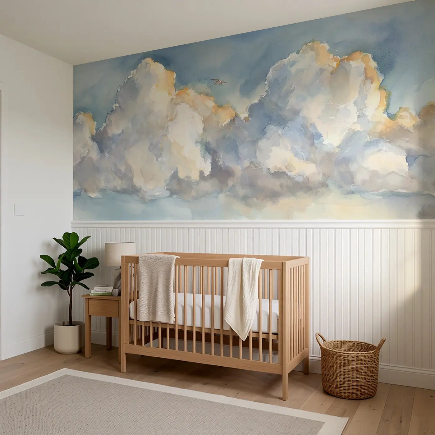 Cloud Formation Flight Sky Wainscoting Wallpaper styled in a kids bedroom by Whimsy Tots