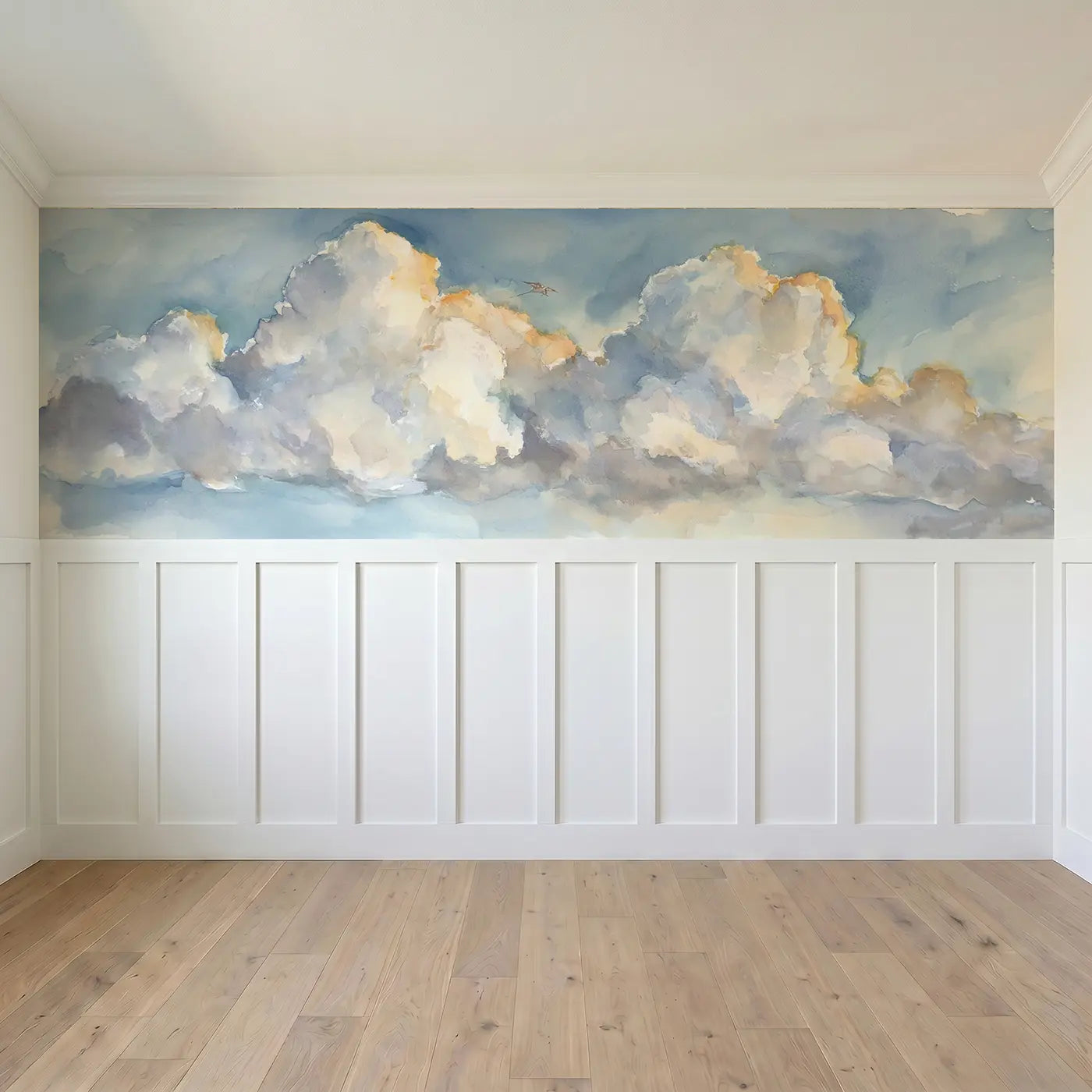Full panel view of Cloud Formation Flight Sky Wainscoting Wallpaper by Whimsy Tots