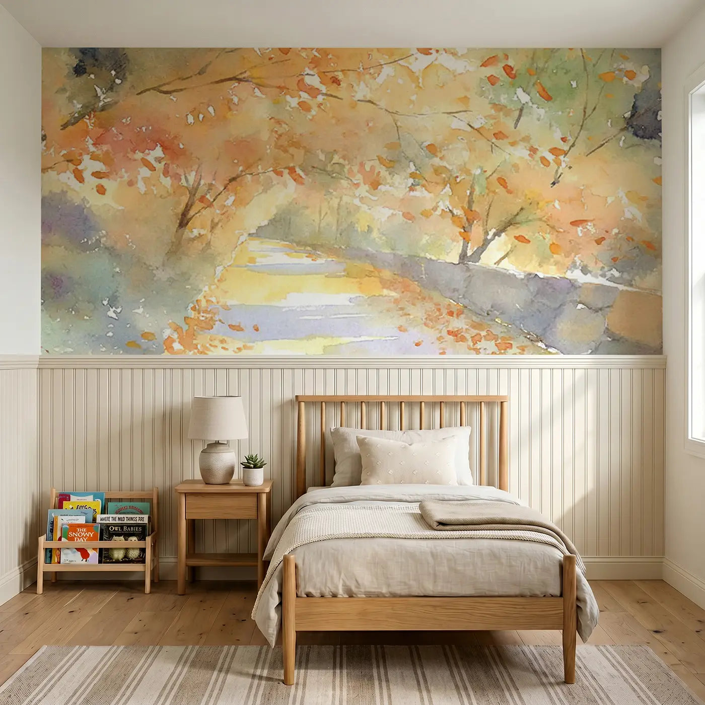 Watercolor autumn country lane gold wainscoting wallpaper for bedroom by Whimsy Tots