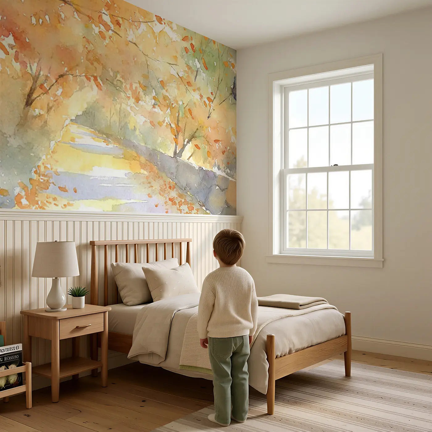 Child reading near Autumn Country Lane Gold Wainscoting Wallpaper by Whimsy Tots