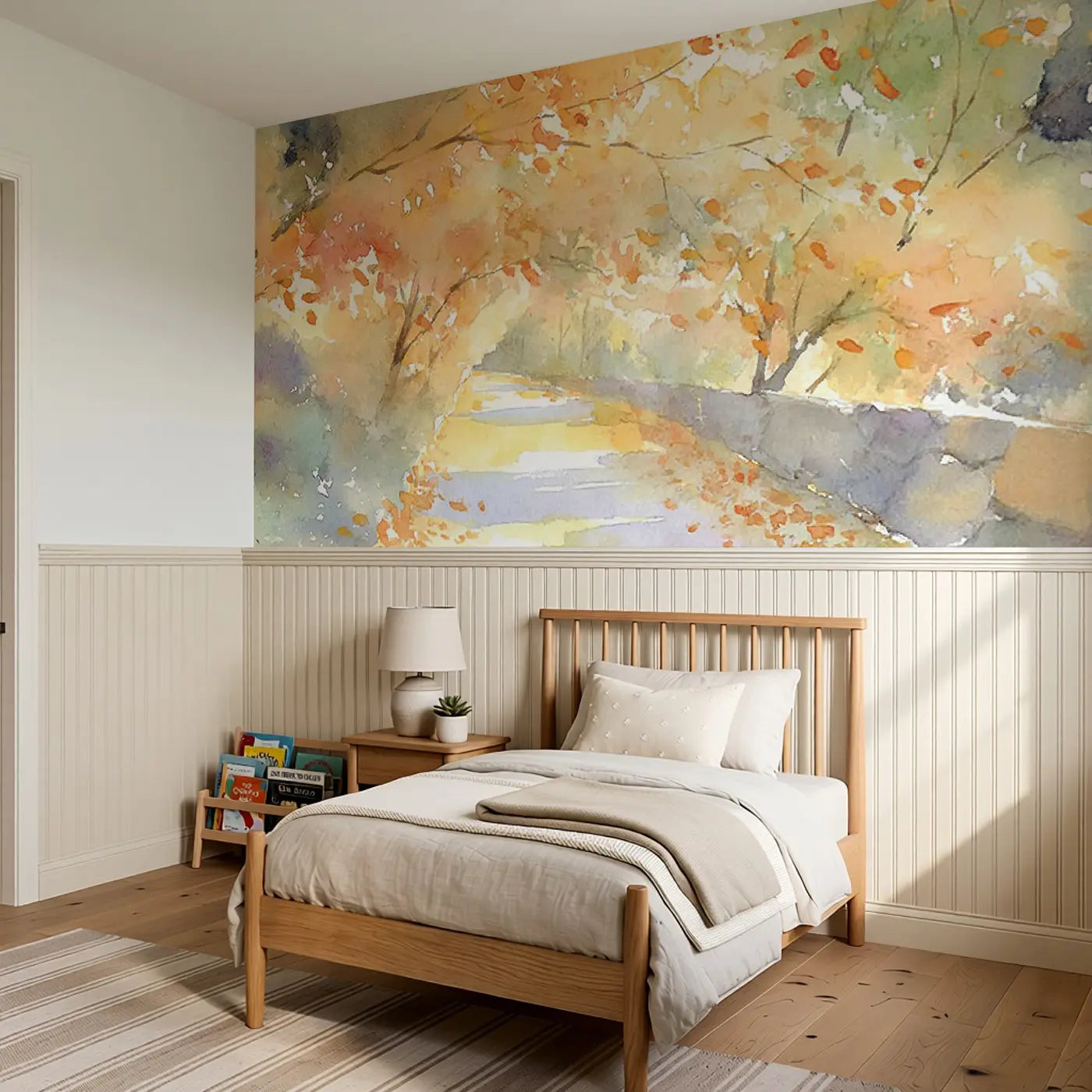 Autumn Country Lane Gold Wainscoting Wallpaper styled in a kids bedroom by Whimsy Tots