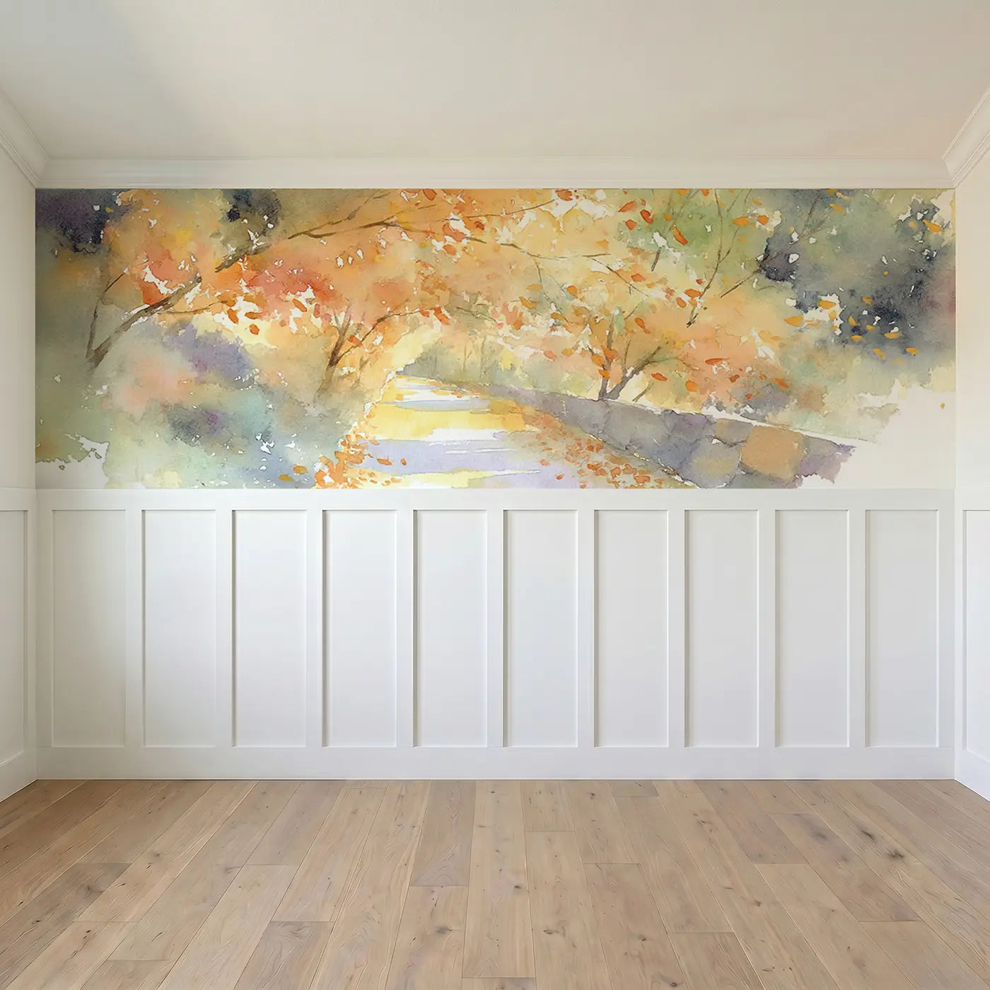 Full panel view of Autumn Country Lane Gold Wainscoting Wallpaper by Whimsy Tots