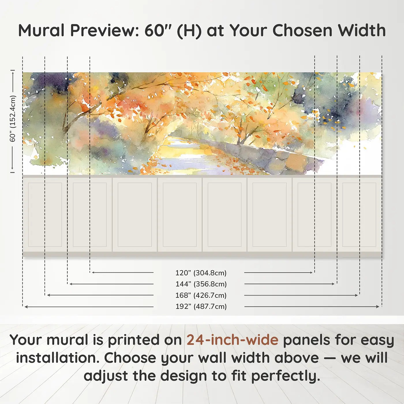 Panel dimensions for Autumn Country Lane Gold Wainscoting Wallpaper by Whimsy Tots