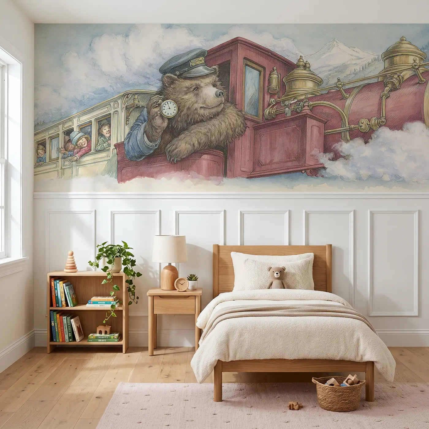 Storybook bear train conductor journey wainscoting wallpaper for bedroom by Whimsy Tots